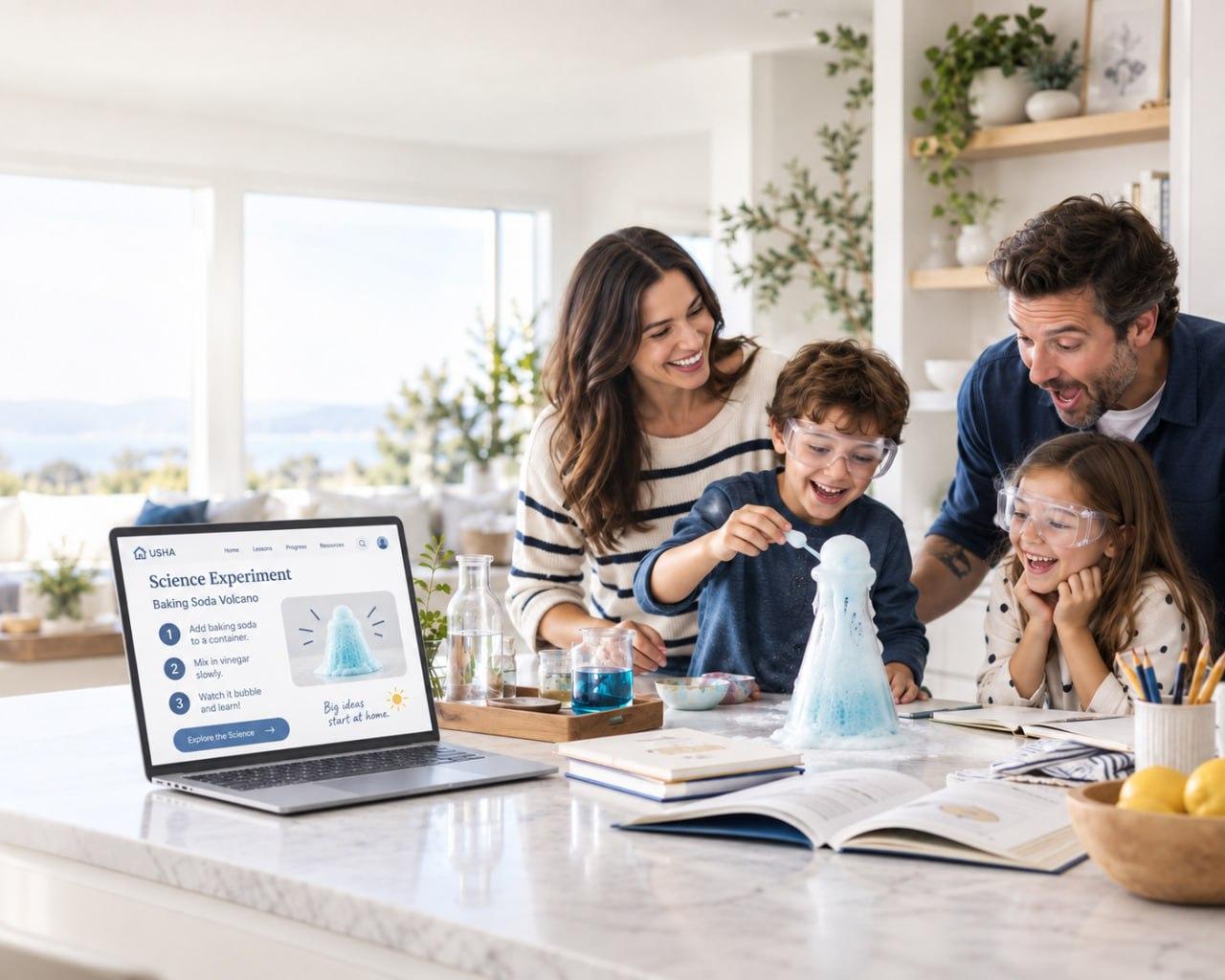 A family doing a science experiment at home with a USHA lesson on a laptop